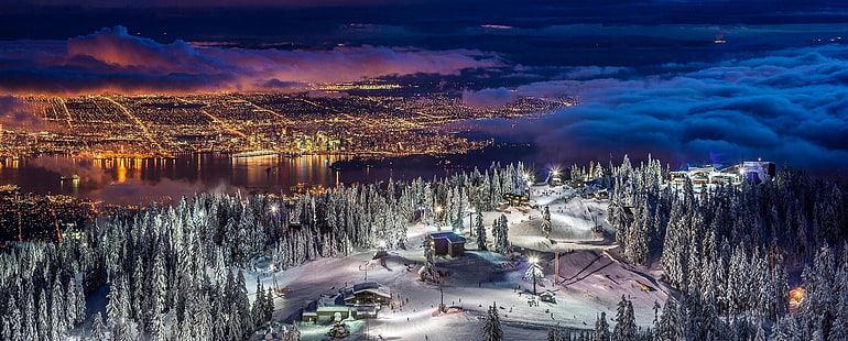 въздушна фотография на град, природа, пейзаж, панорами, градски пейзаж, Ванкувър, светлини, зима, сняг, гора, нощ, ски, облаци, пристанища, HD тапет HD wallpaper