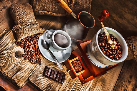 pintura del molinillo de café junto a la taza de té y el platillo, café, chocolate, cuchara, taza, bebida, granos de café, platillo, bolsa, turco, molinillo de café, Fondo de pantalla HD HD wallpaper