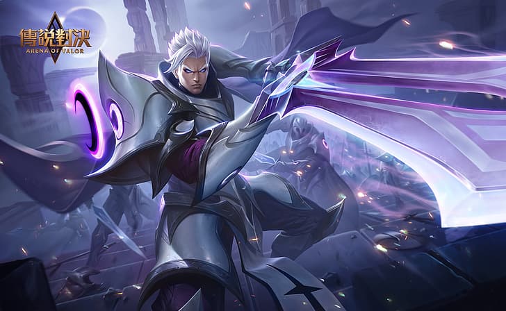 Brasenia 1, drawing, Arena of Valor, men, warrior, silver hair, armor, magic, weapon, sword, frown, blue eyes, purple, fighting, HD wallpaper
