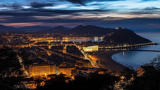 noc, światła, zatoka, panorama, Hiszpania, San Sebastian, Tapety HD HD wallpaper