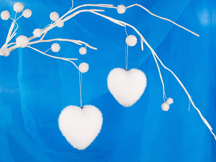 white heart-shaped illustration, christmas, new year, hearts, blue, white, HD wallpaper