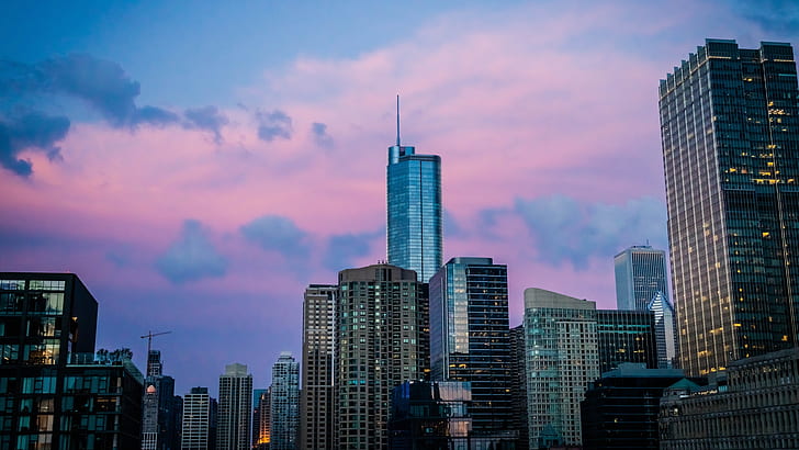 небостъргач, залез, град, САЩ, Чикаго, небе, HD тапет