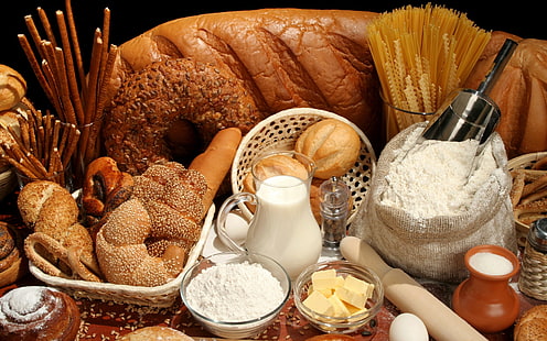 bakverk, bröd, mjölk, pasta, mjöl, kex, kavel, ägg, olja, korgar, HD tapet HD wallpaper