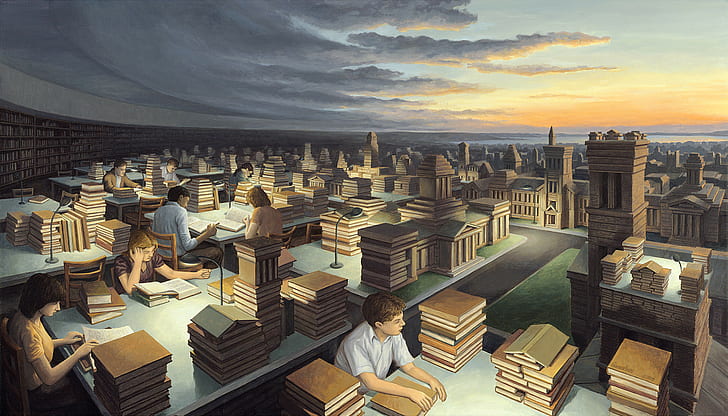 Rob Gonsalves, surrealistiskt, konstverk, bibliotek, HD tapet