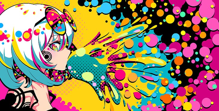 original characters, anime, anime girls, profile, psychedelic, sunglasses, looking at viewer, bubble gum, paint splash, colorful, splashes, artwork, drawing, digital art, illustration, 2D, Berry Verrine, polka dots, HD wallpaper