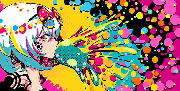 personnages originaux, anime, anime girls, profil, psychédélique, lunettes de soleil, looking at viewer, bubble gum, paint splash, colourful, splashes, artwork, drawing, digital art, illustration, 2D, Berry Verrine, polka dots, Fond d'écran HD HD wallpaper