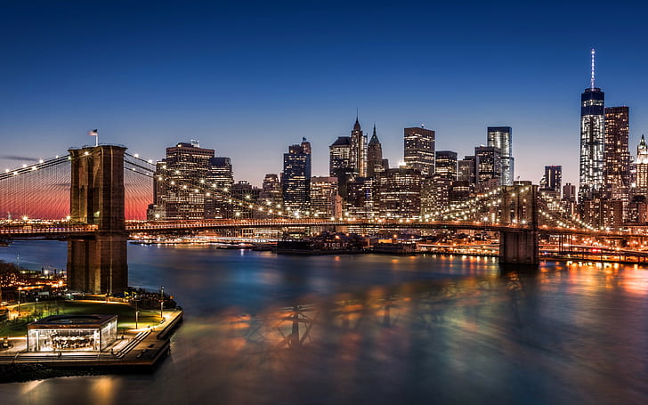 Бруклински мост, Манхатън, Ню Йорк, удължителен мост, Бруклински мост, Манхатън, Ню Йорк, САЩ, нощ, град, светлини, небостъргачи, пристанище, HD тапет