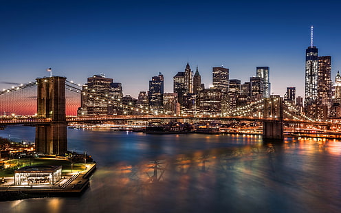 Brooklyn Bridge, Manhattan, Nowy Jork, przedłużenie mostu, Brooklyn Bridge, Manhattan, Nowy Jork, USA, noc, miasto, światła, wieżowce, port, Tapety HD HD wallpaper