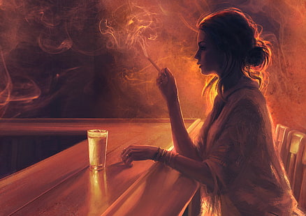 artwork, women, smoke, painting, glass, digital art, cigarettes, HD wallpaper HD wallpaper