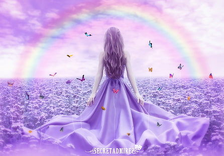 donna in abito viola con farfalle sfondo digitale, ragazza, farfalla, fiori, natura, arcobaleno, ritocco, Secretadmires, Sfondo HD HD wallpaper