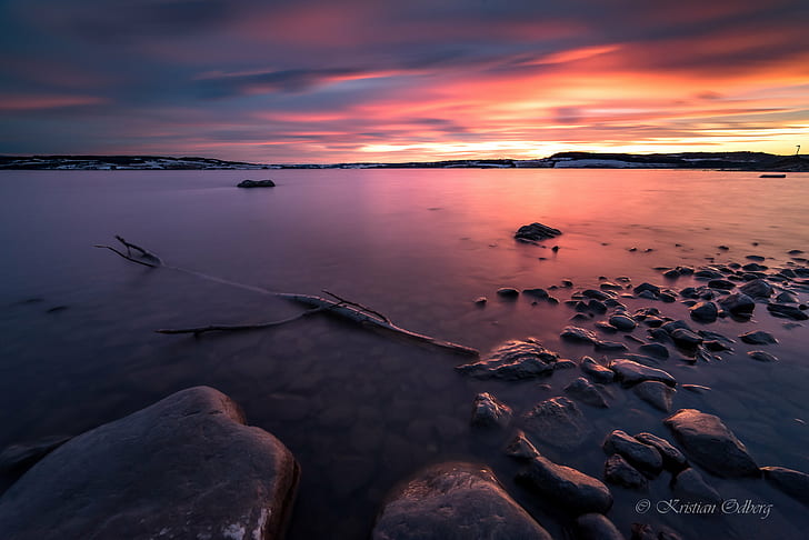 sunset over the horrizon, sunset, sunrise, norway, seascape, landscape, clouds, weather, beautiful, colors, stones, beach, rocks, reflections, nature, sea, dusk, water, reflection, coastline, outdoors, scenics, rock - Object, sky, HD wallpaper