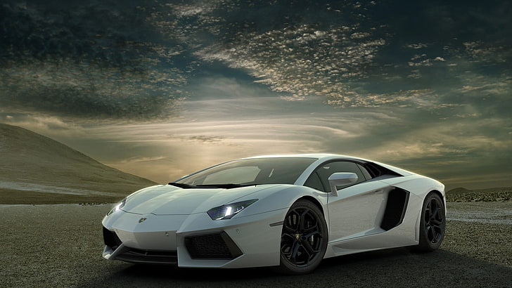 white Lamborghini Gallardo, Lamborghini, Lamborghini Aventador, white, clouds, desert, car, HD wallpaper