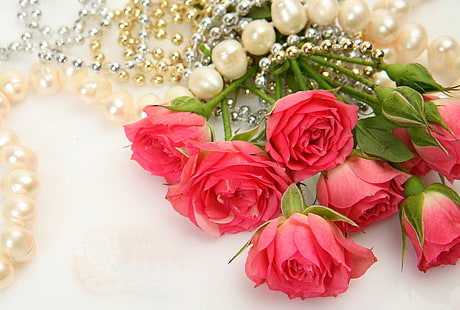 розови рози, цветя, рози, букет, колие, перла, перли, HD тапет HD wallpaper
