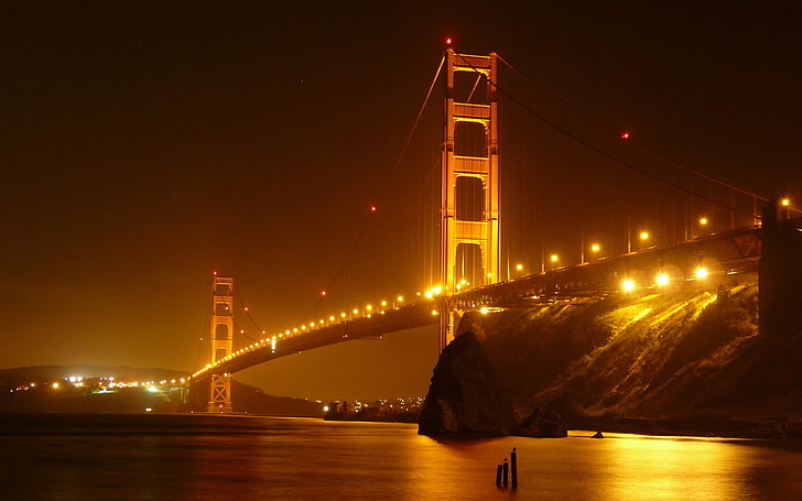 جسر ، سان فرانسيسكو ، جسر البوابة الذهبية ، الليل ، أضواء المدينة، خلفية HD