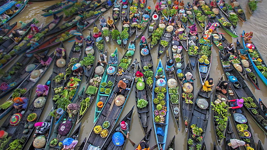 barcos, Indonésia, comércio, mercado flutuante, Lock-Bunyan, o rio martapura, HD papel de parede HD wallpaper