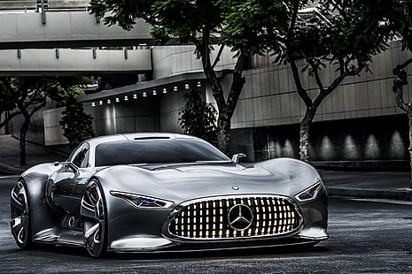 серебристый, мерседес, тест-драйв, суперкар, Gran Turismo, 4к, 5к, концепт, автомобиль 2015 года, Mercedes-Benz AMG Vision, передок, HD обои HD wallpaper