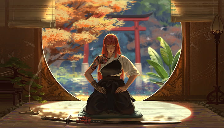 Fantasy, Women Warrior, Girl, Oriental, Pink Hair, Sword, Tattoo, Woman Warrior, HD wallpaper