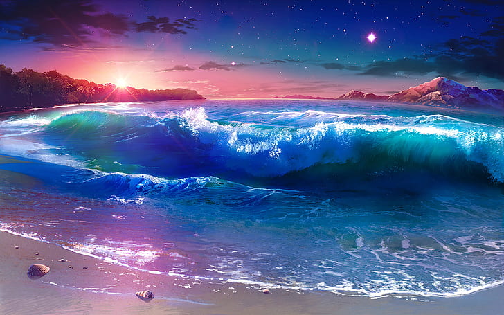 Puesta de sol Oscurecimiento Playa de arena Olas del mar Montañas Bosque tropical Palmeras Cielo Nubes Paisaje de noche Fantasía Arte Escritorio Fondo de pantalla HD 3840 × 2400, Fondo de pantalla HD