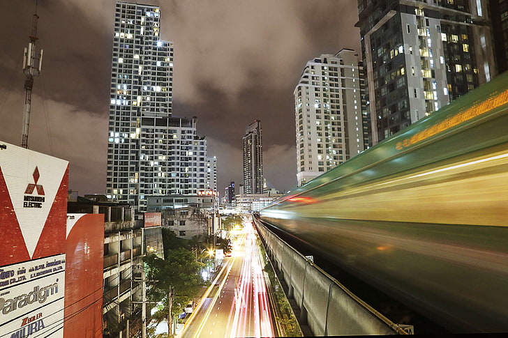 bangkok, building, cars, city, cityscape, light, light trail, long exposure, night, sky, skyscrapers, skytrain, thailand, time lapse, train, transport, transportation, HD wallpaper