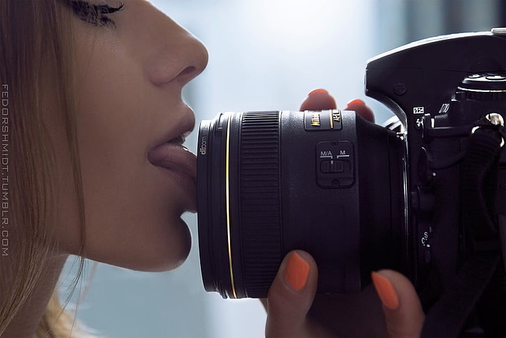 black DSLR camera, women, long hair, camera, licking, innuendo, Fedor Shmidt, profile, painted nails, Nikon, 500px, tongues, model, HD wallpaper