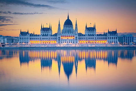 Węgry, Budapeszt, poranek, refleksja, Węgry, miasto Budapeszt, parlament, Tapety HD HD wallpaper