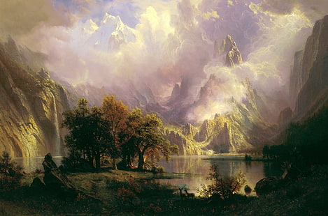Cuerpo de montaña rodeado de montañas pintura, lago, cascada, fotografía, Albert Bierstadt, El paisaje de las montañas rocosas, Fondo de pantalla HD HD wallpaper