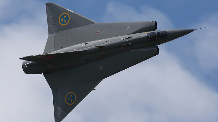 сив и жълт летателен апарат, Saab 35 Draken, шведска армия, шведски военновъздушни сили, HD тапет