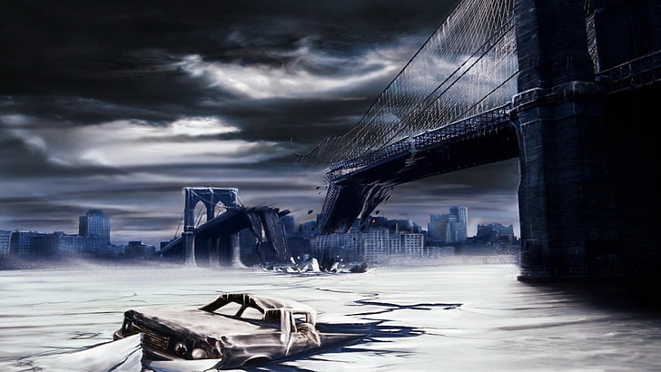 white and black boat on body of water painting, artwork, apocalyptic, destruction, city, Brooklyn Bridge, New York City, HD wallpaper