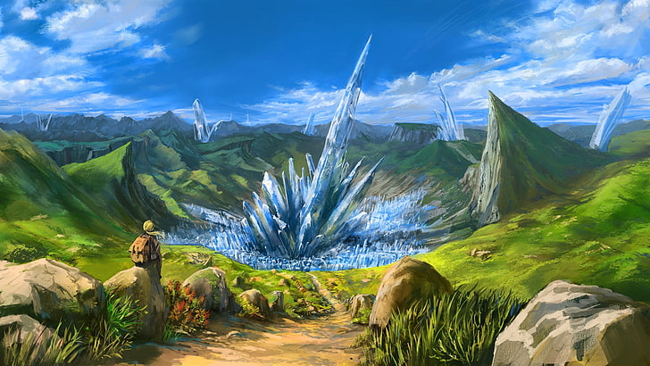 niebieski kryształ otoczony zieloną trawą, krajobraz, kryształ, natura, wzgórza, droga polna, skała, chmury, kamienie, trawa, góry, fantasy art, niebo, Tapety HD