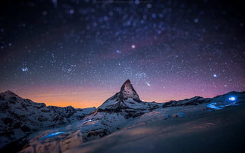 paisaje, Matterhorn, montaña, noche, nieve, estrellas, Suiza, Tilt Shift, Fondo de pantalla HD HD wallpaper