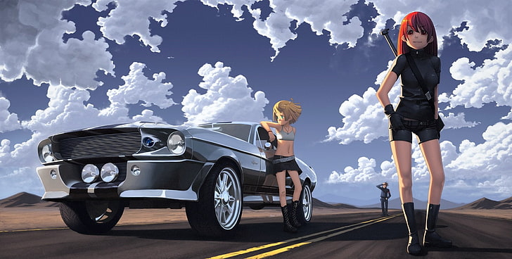 gadis anime, gaun mini, mobil, langit, pirang, jalan, Wallpaper HD