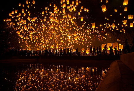 silhouette, Lantern Festival, sky lanterns, reflection, water, lantern, Asian, HD wallpaper HD wallpaper