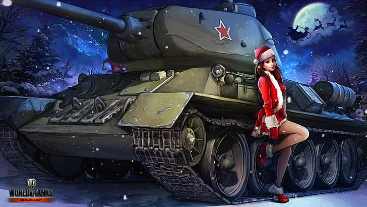 World of Tanks digital wallpaper, winter, girl, snow, night, the moon, figure, new year, art, tank, maiden, deer, in red, Soviet, Santa Claus, average, World of Tanks, T-34-85, Nikita Bolyakov, HD wallpaper
