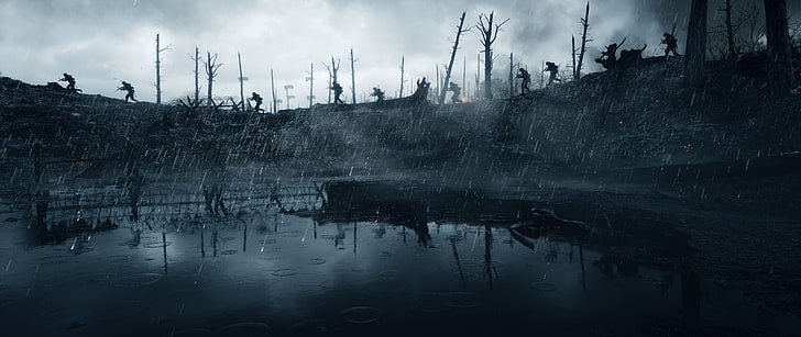 bare trees, Battlefield 1, EA DICE, World War I, soldier, war, video games, HD wallpaper
