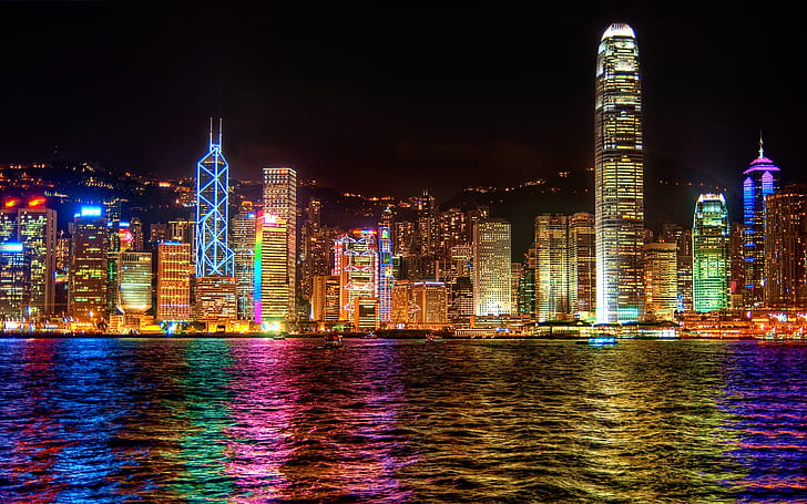 Градски светлини в Хонконг през нощта, град, светлини, нощ, HD тапет