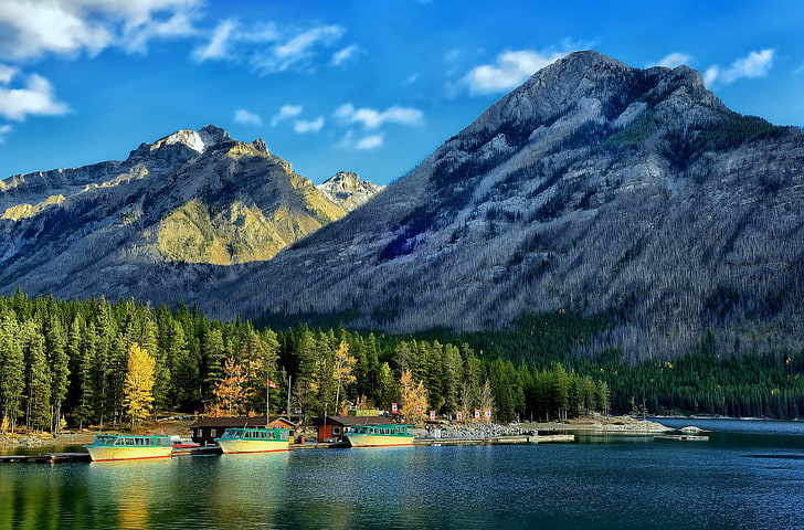 forest, Marina, Canada, Albert, Banff National Park, Alberta, court, Banff, Canadian Rockies, Lake Minnewanka, HD wallpaper