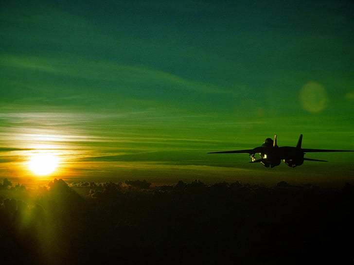 grumman f 14 tomcat zachód słońca zielony samolot odrzutowy, Tapety HD