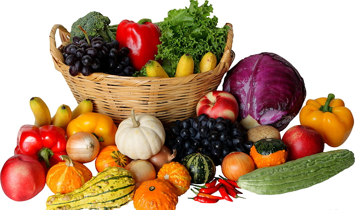 różne owoce, warzywa, owoce, kosz, dużo, różnorodność, Tapety HD