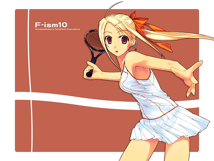 F-ism10 character illustration, murakami suigun, f-ism, girl, blonde, racket, tennis, HD wallpaper