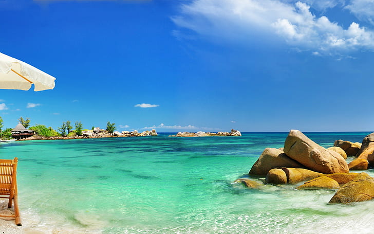 Coast, the sea, white sand beach, coast, the sea, beach, sand, stones, palm trees, tropics, umbrella, chairs, HD wallpaper