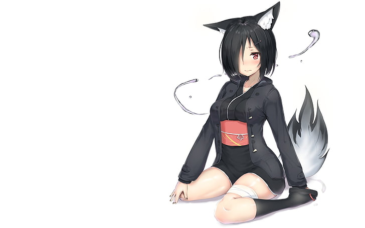 Anime girl, animal ears, fox girl, sitting, traditional clothes, black  hair, HD wallpaper | Wallpaperbetter