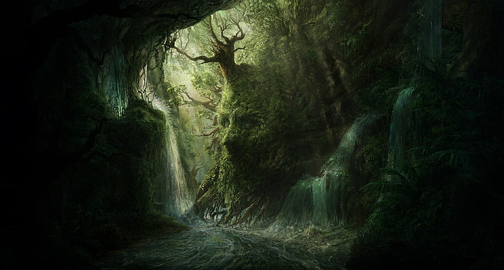 grüne und braune Höhle, Grafik, digitale Kunst, Wald, Dunkelheit, Bäume, Fluss, Wasserfall, HD-Hintergrundbild