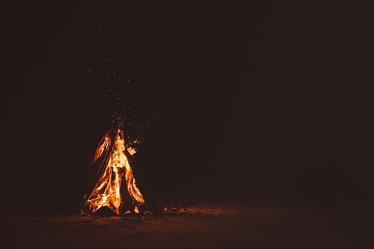 lighted bonfire, fire, wood, burning, night, HD wallpaper