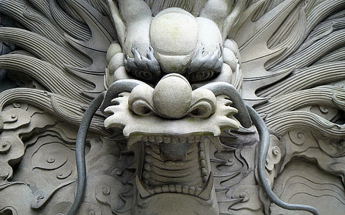 Статуя китайского дракона, статуя бежевого и серого дракона, камень, злой, яростный, серый, HD обои HD wallpaper