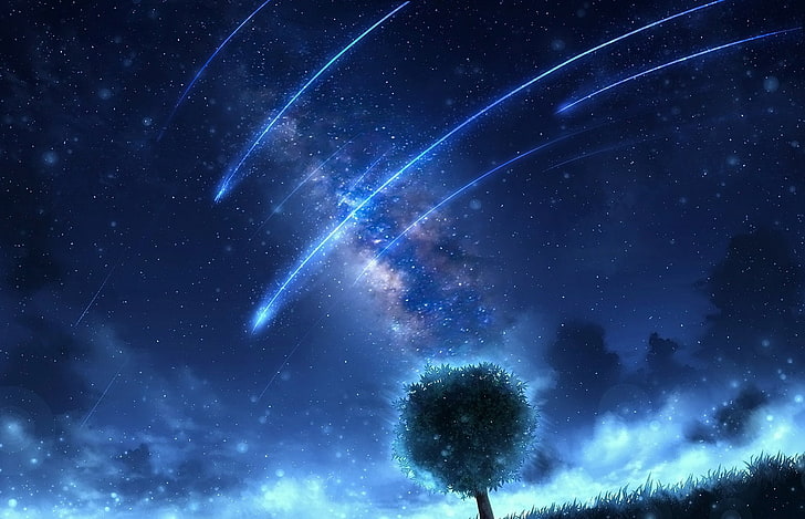 Аниме, Оригинал, Одинокое дерево, Звездное небо, HD обои
