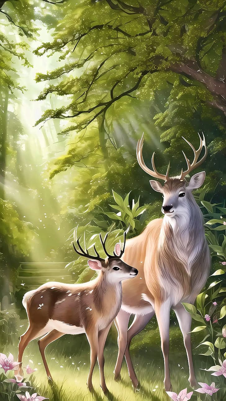 creature, deer, forest, antlers, trees, animals, HD wallpaper