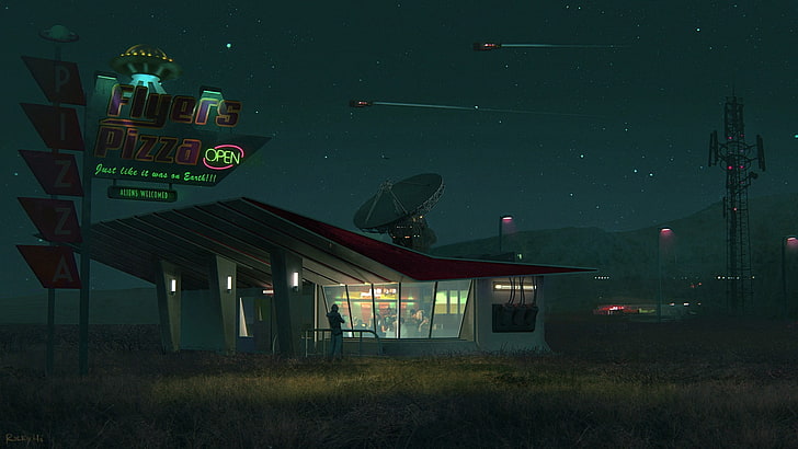 Flyers Pizza-skyltar, vitt hus under natten, digital konst, science fiction, pizza, rymdskepp, satellit, natt, hus, stjärnor, neontext, HD tapet