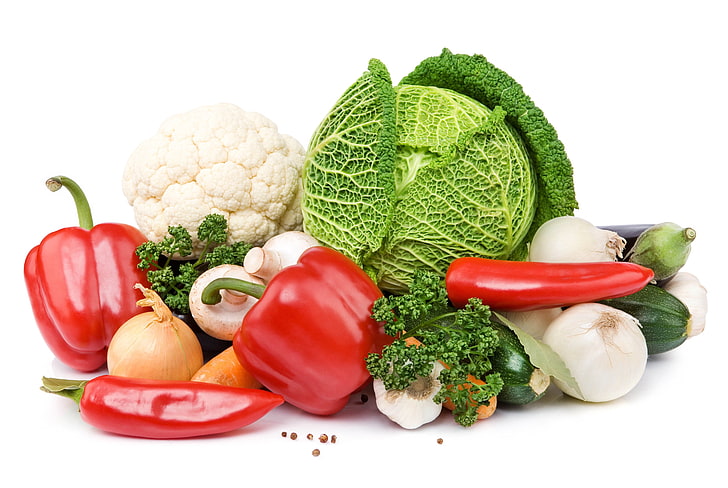 variété de légumes, chou, poivrons, aubergines, champignons, carottes, fond blanc, Fond d'écran HD