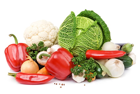 variedade de legumes, repolho, pimentão, berinjela, cogumelos, cenoura, fundo branco, HD papel de parede HD wallpaper