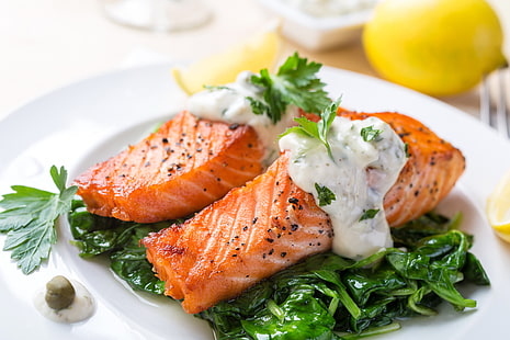 stirred-fry salmon on green vegetable, greens, food, fish, sauce, fried, HD wallpaper HD wallpaper